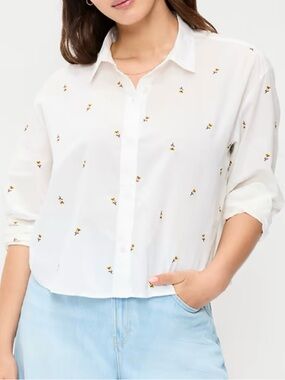 Old Navy Cropped Button-down White Shirt with Tiny Floral Embroidery